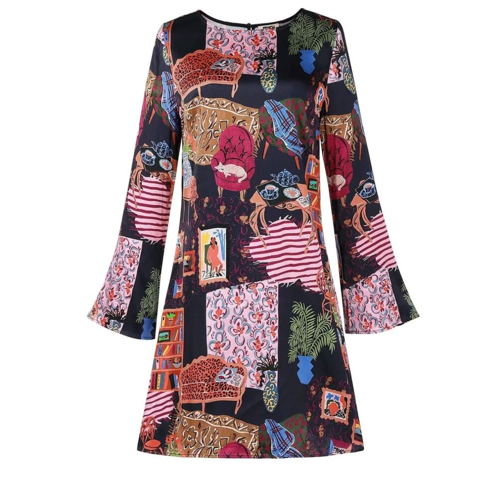 FRNCH Paris Womens L Multicolor Ayurveda Long Sleeve Boho Midi Dress NEW - Picture 3 of 8